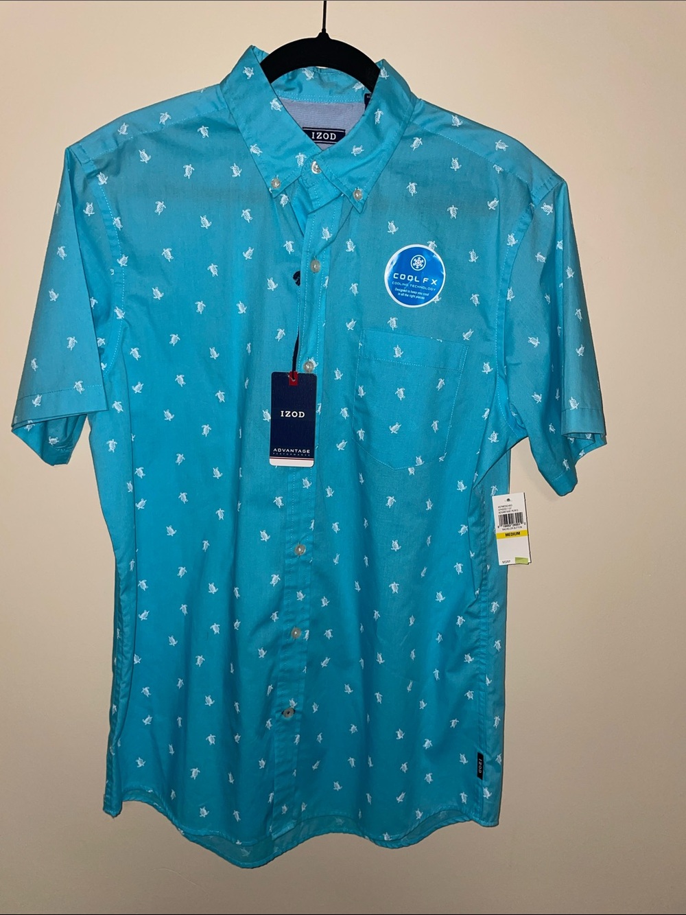 Izod Teal Turtle Short-Sleeve Button-Down Shirt with Subtle White Print | M